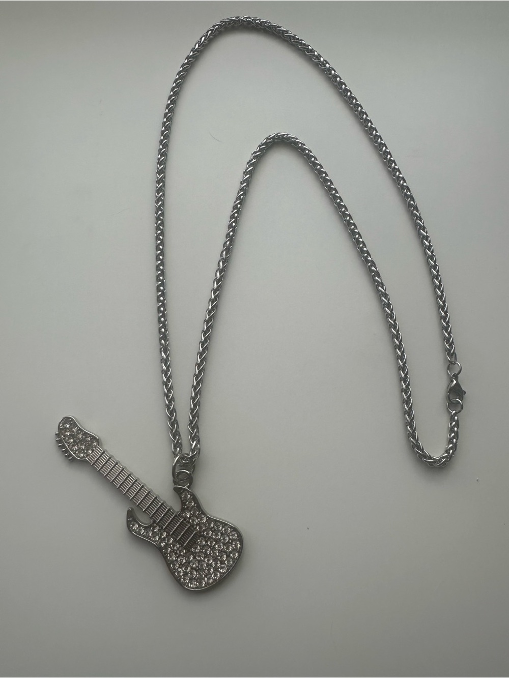 White gold filled Guitar Pendant Necklace with CZ- Men's Accessory